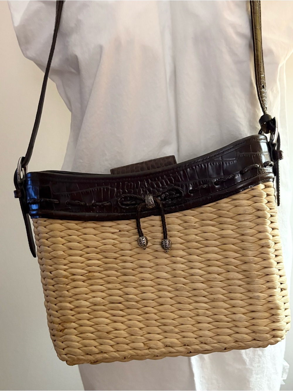 Brighton Straw Croc Embossed Shoulder Bag